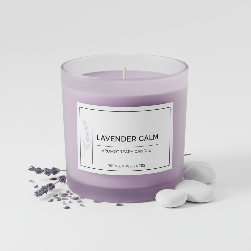 Vela aromática de lavanda premium en envase de vidrio esmerilado