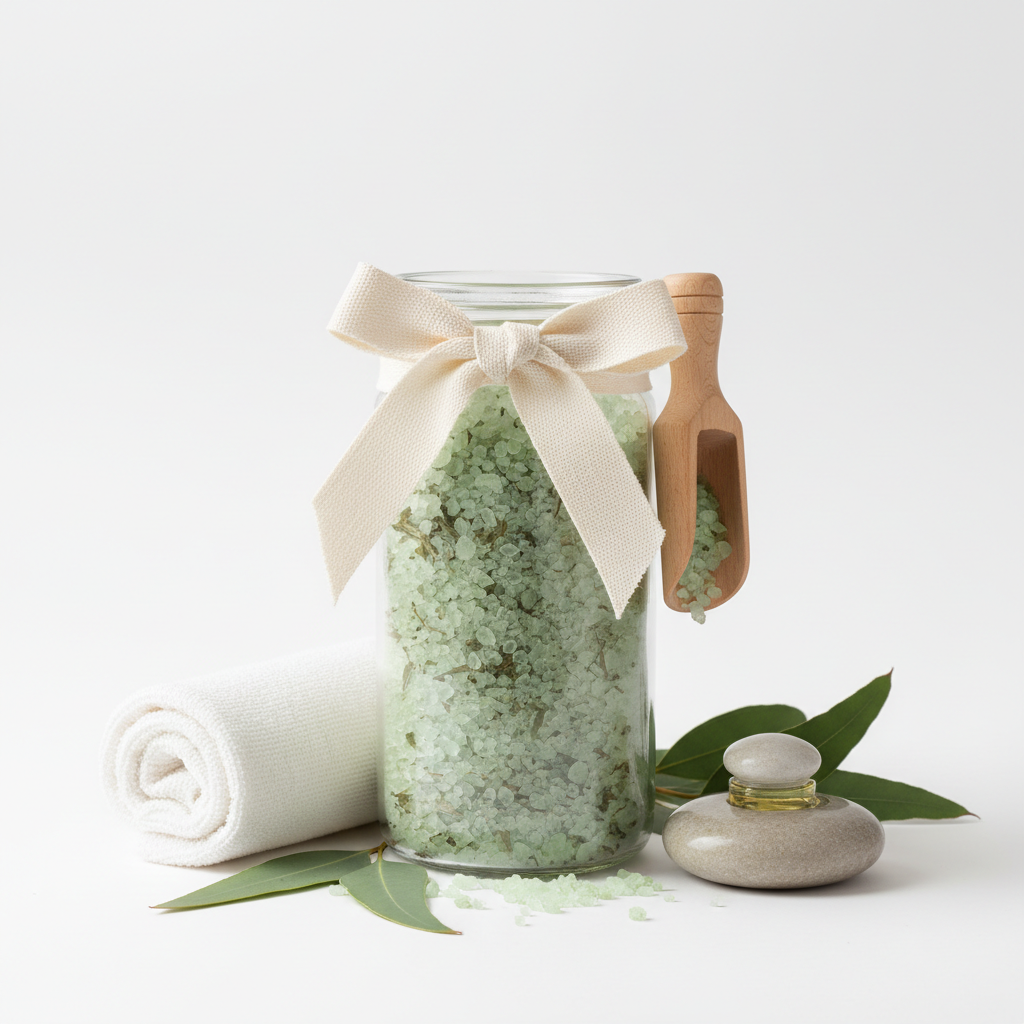 Set de sales de baño con eucalipto en envase de vidrio con cuchara de madera