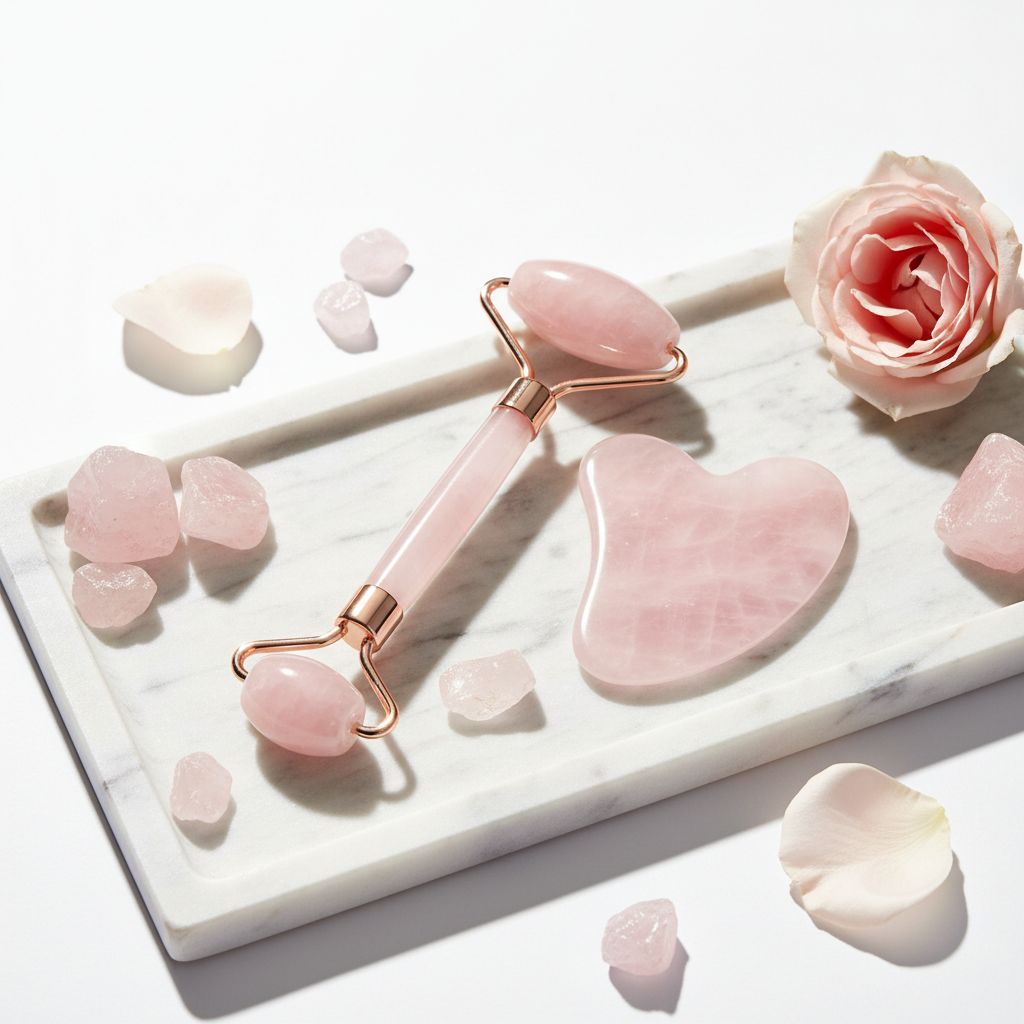 Kit facial de cuarzo rosa con rodillo y gua sha sobre bandeja de mármol