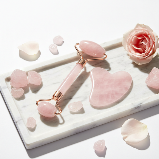 Kit facial de cuarzo rosa con rodillo y gua sha sobre bandeja de mármol