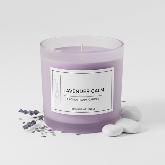 Vela aromática de lavanda premium en envase de vidrio esmerilado
